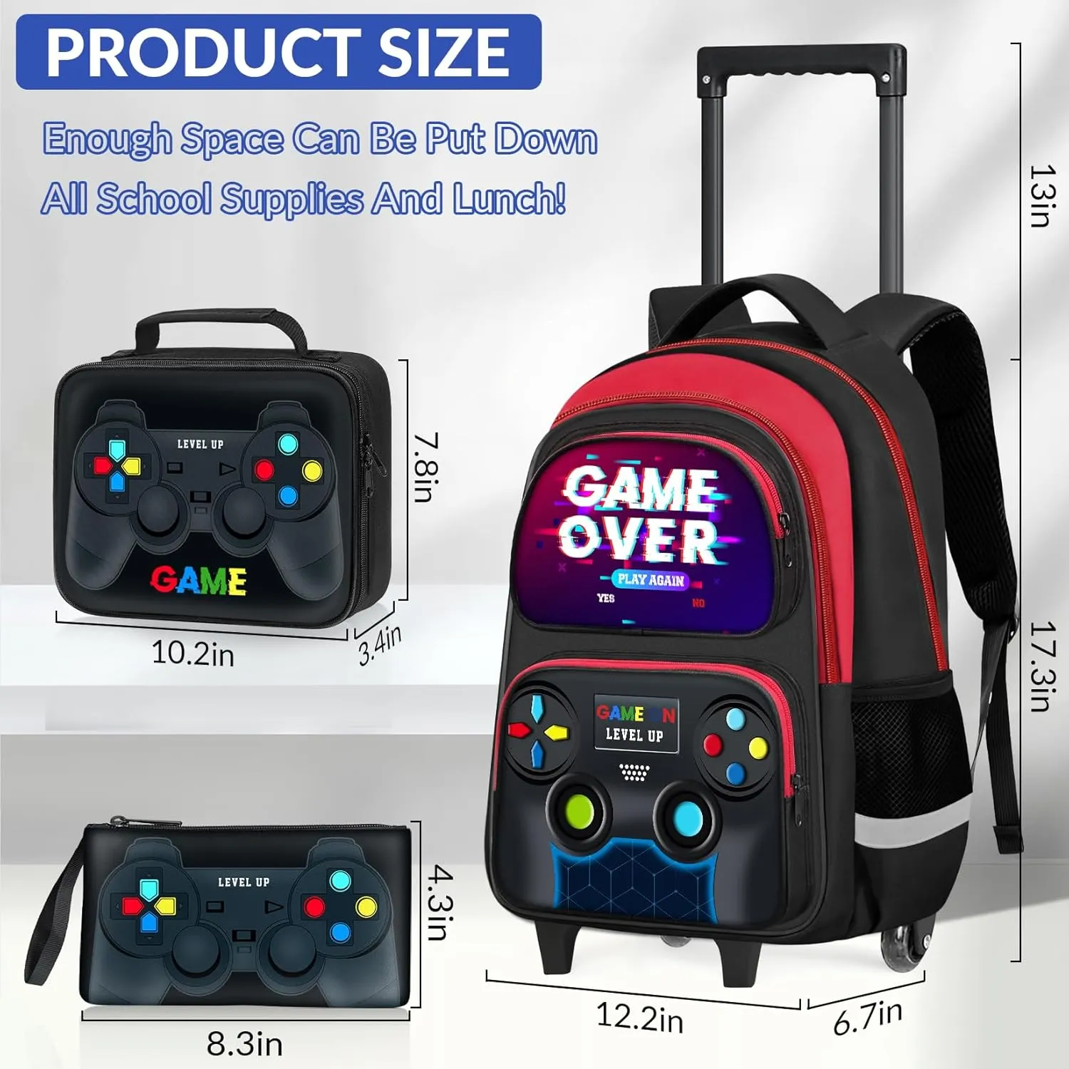 Boys Rolling Backpack for Kids - 3PCS Gamer Boys Rolling Backpack with Lunch Bag Set, Multifunctional Wheeled Bookbag for Elementary Middle School, Lightweight Travel Roller Bag