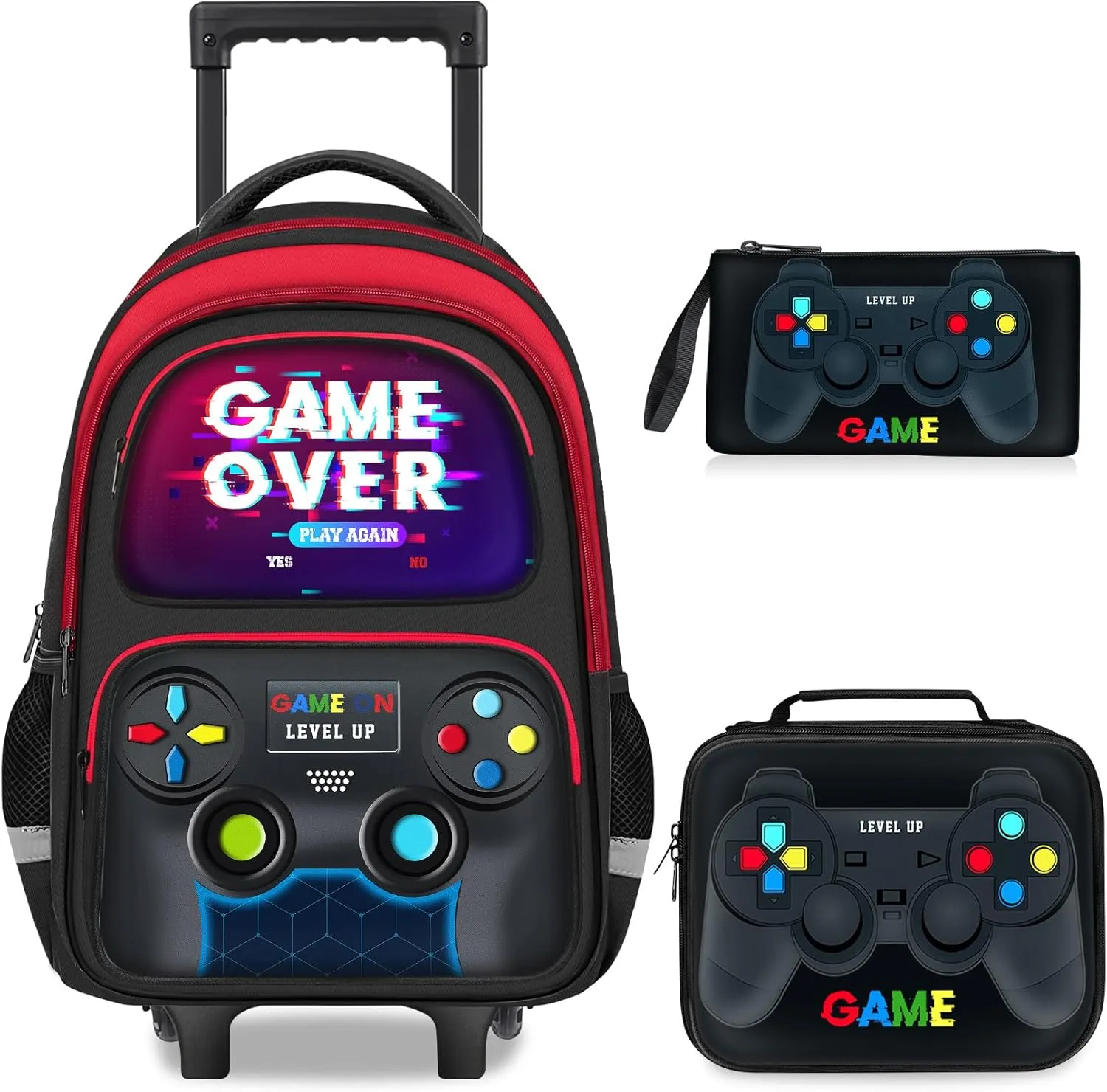Boys Rolling Backpack for Kids - 3PCS Gamer Boys Rolling Backpack with Lunch Bag Set, Multifunctional Wheeled Bookbag for Elementary Middle School, Lightweight Travel Roller Bag