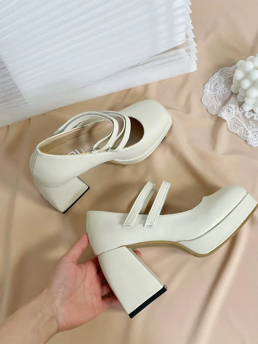 Buckle Decor Platform Chunky Heel White Mary Janes Shoes