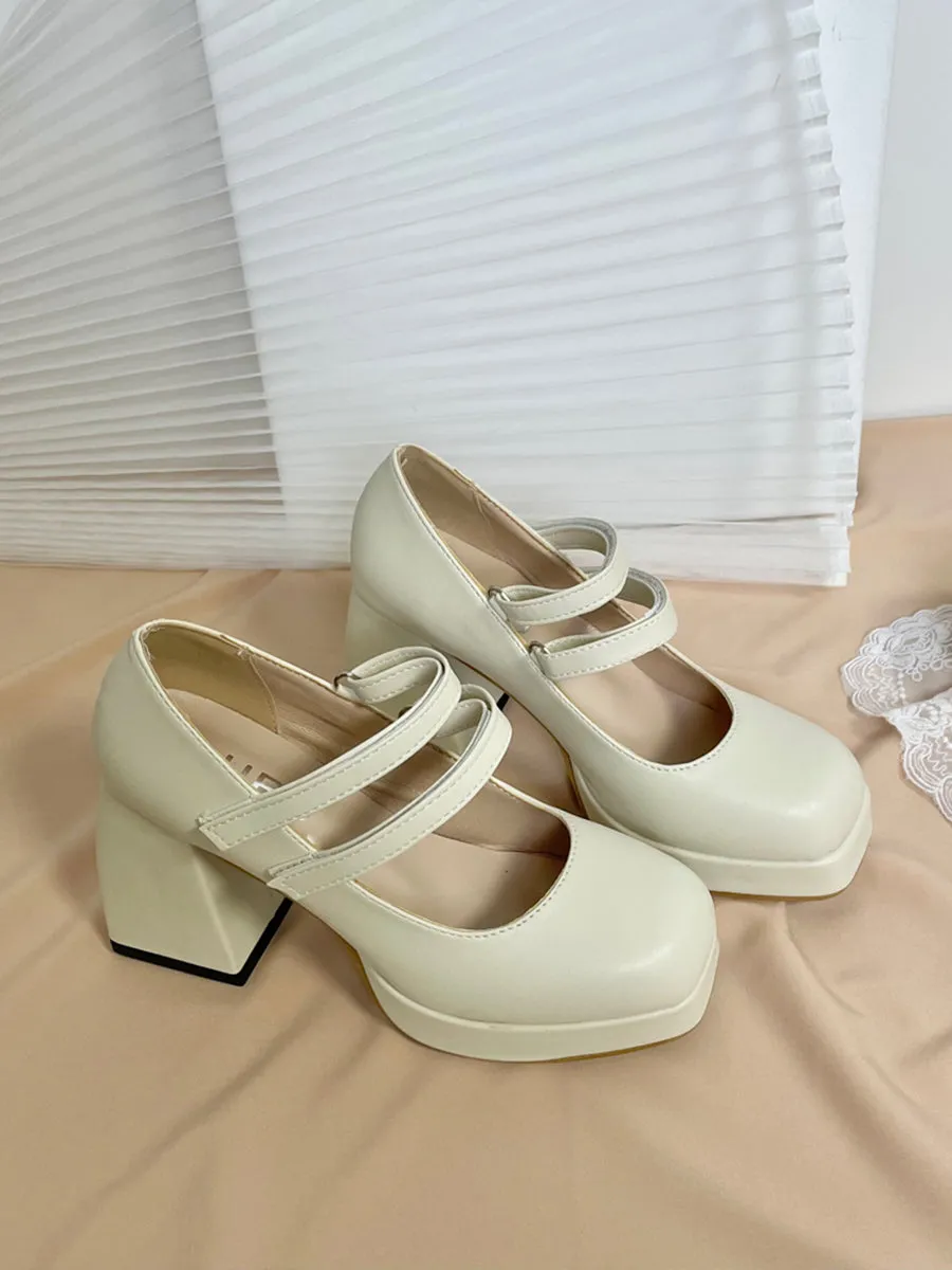 Buckle Decor Platform Chunky Heel White Mary Janes Shoes