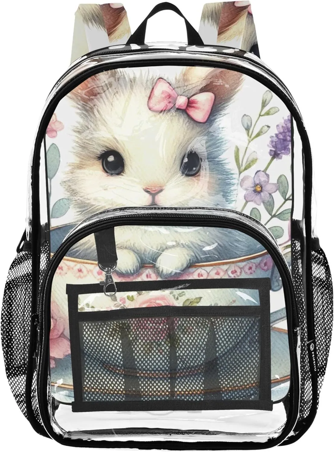 Bunny Floral Easter Clear Backpack for Women Girls Backpack for Kids Large Plastic Approved Bag