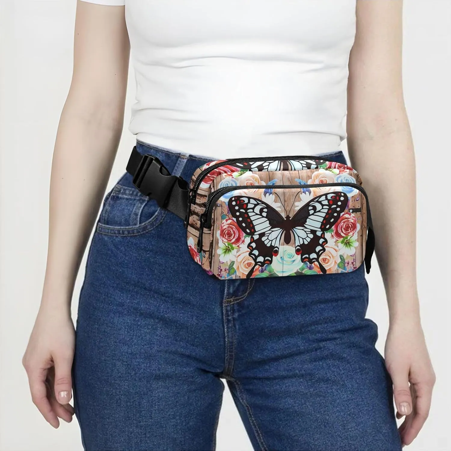 Butterfly Wooden Floral Women Fanny Pack Hip Bag Belt Purse Waterproof Festival Travel Waist Pouch