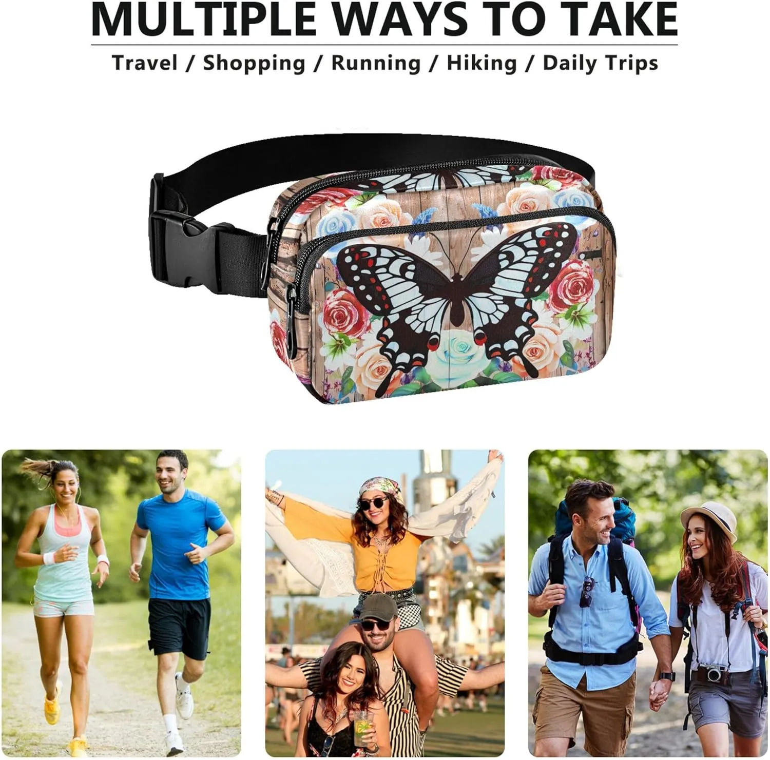 Butterfly Wooden Floral Women Fanny Pack Hip Bag Belt Purse Waterproof Festival Travel Waist Pouch