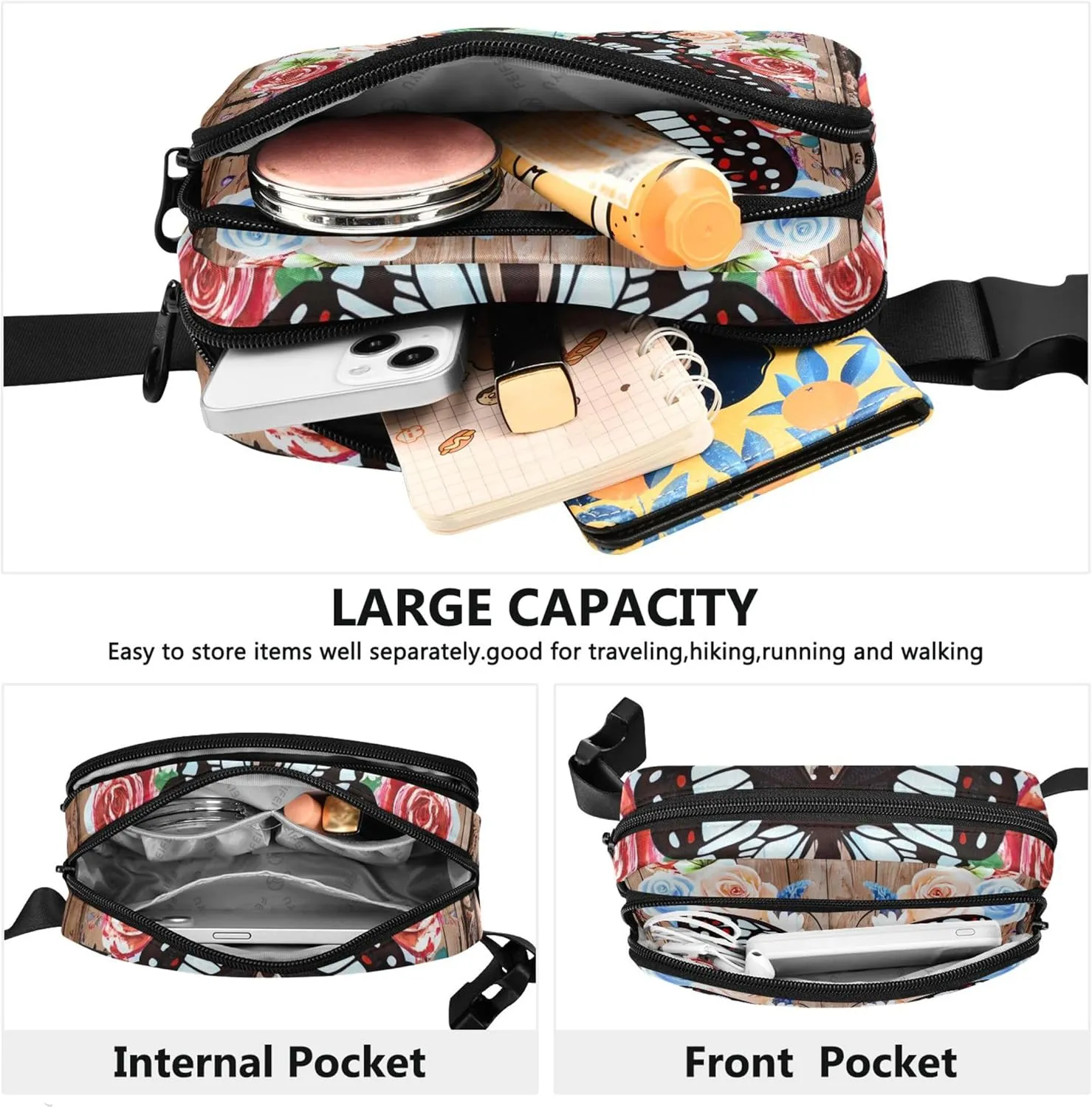 Butterfly Wooden Floral Women Fanny Pack Hip Bag Belt Purse Waterproof Festival Travel Waist Pouch