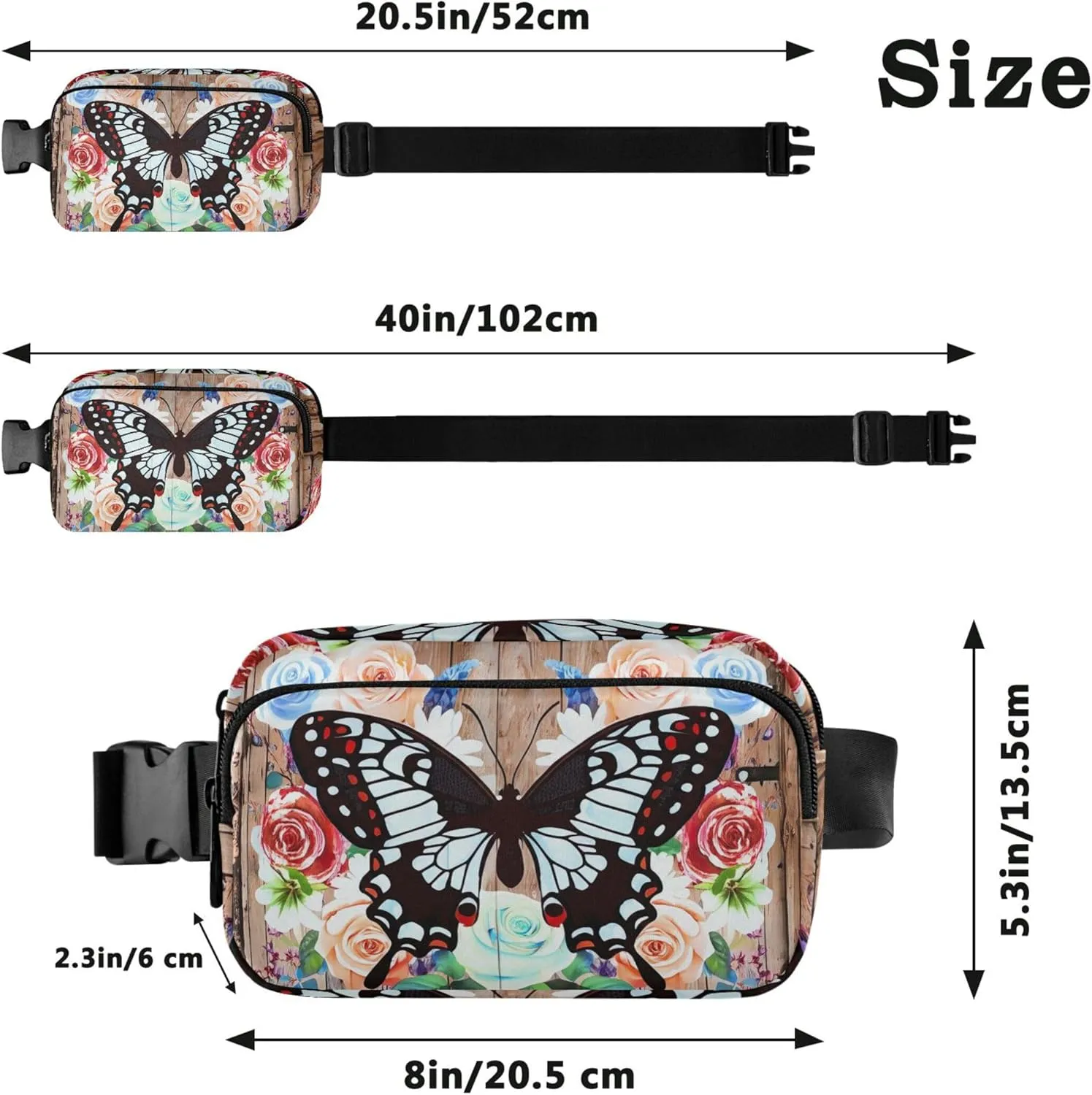 Butterfly Wooden Floral Women Fanny Pack Hip Bag Belt Purse Waterproof Festival Travel Waist Pouch