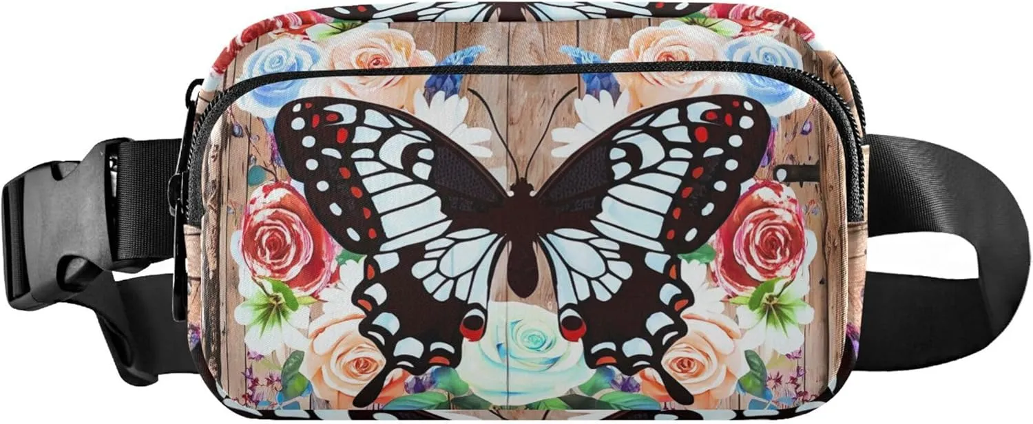 Butterfly Wooden Floral Women Fanny Pack Hip Bag Belt Purse Waterproof Festival Travel Waist Pouch