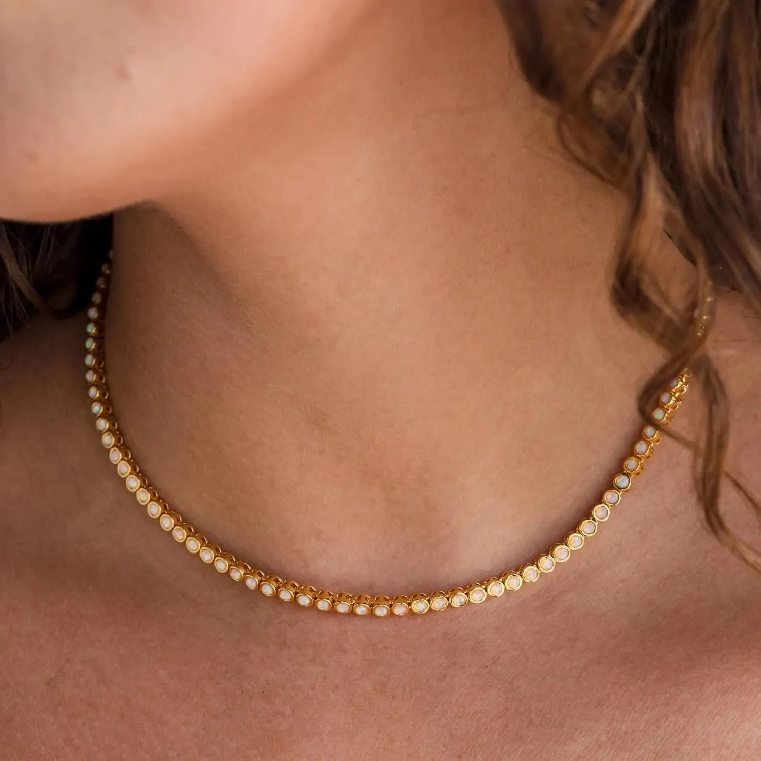 CAITLYNMINIMALIST 18K Gold Plated Sterling Silver Bezel Tennis CZ Gemstone Round Circle Cut Crystal Layering Choker Necklace Gift for Women
