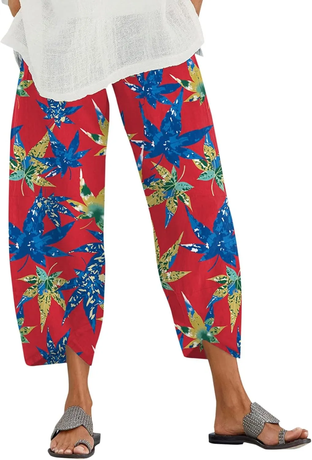 Capri Pants for Women Boho Summer Elastic Waist Casual Pants Butterfly Lightweight Straight Leg Trousers