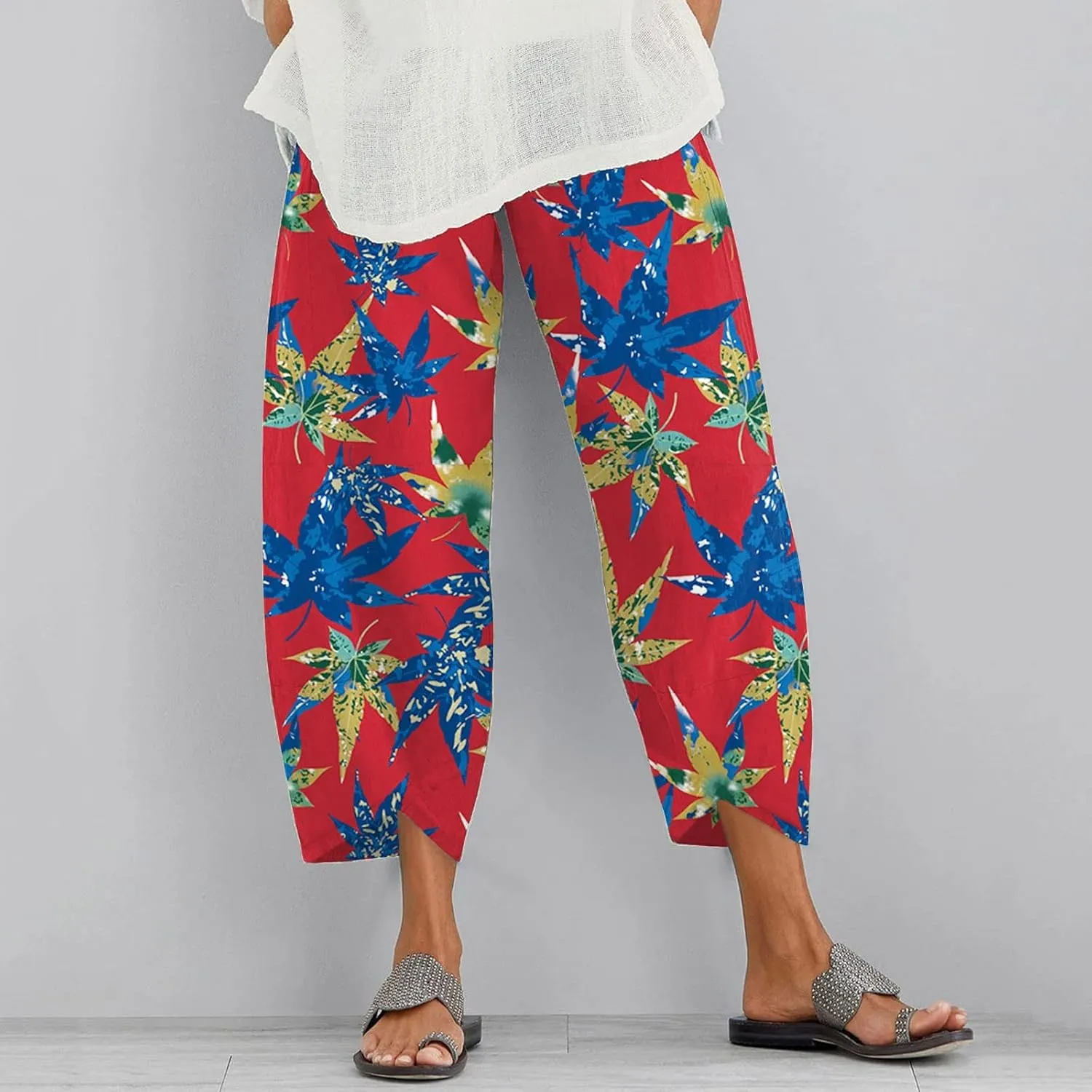 Capri Pants for Women Boho Summer Elastic Waist Casual Pants Butterfly Lightweight Straight Leg Trousers