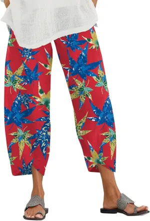 Capri Pants for Women Boho Summer Elastic Waist Casual Pants Butterfly Lightweight Straight Leg Trousers