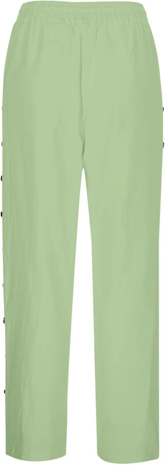 Capri Pants for Womens Side Button Vintage High Waisted Elastic Drawstring Ankle Pants Wide Leg Casual Comfy Trousers