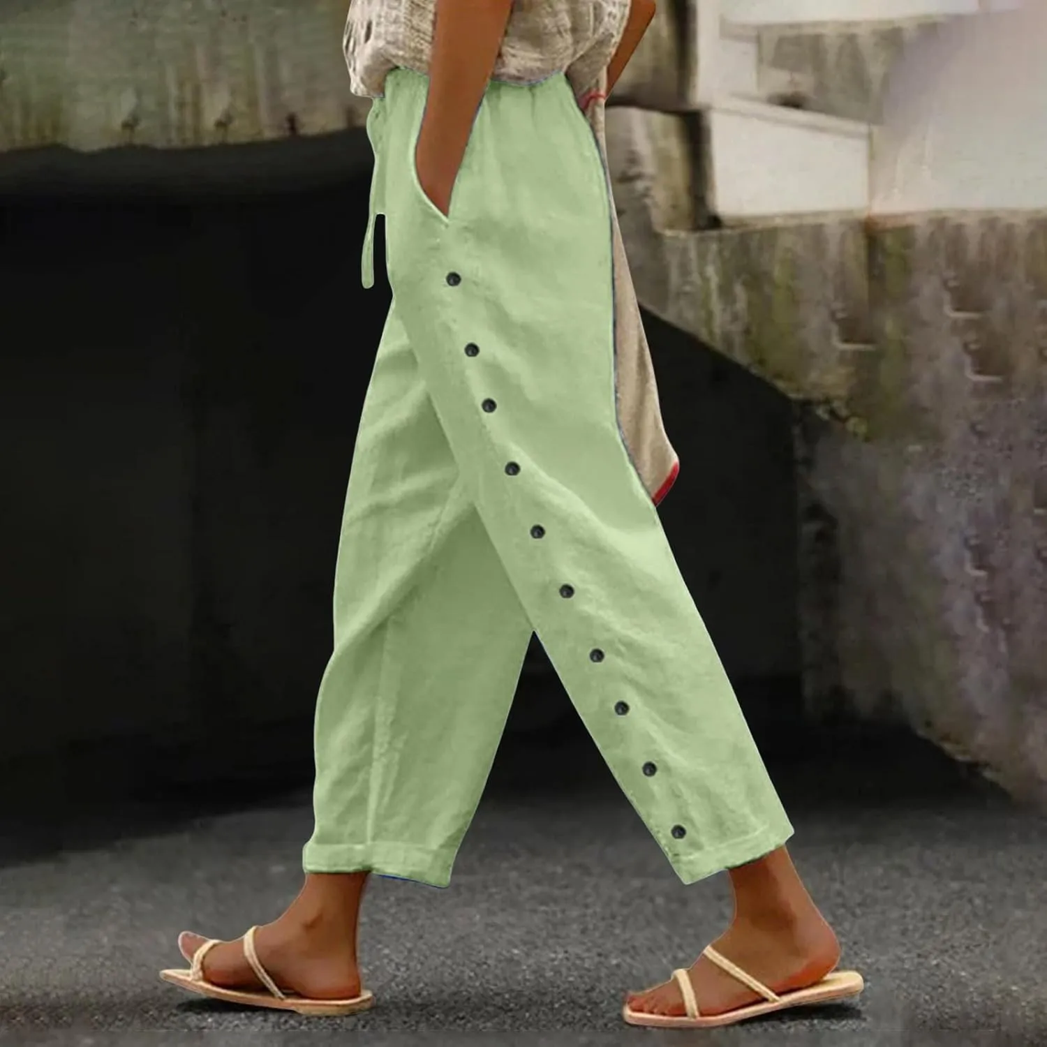 Capri Pants for Womens Side Button Vintage High Waisted Elastic Drawstring Ankle Pants Wide Leg Casual Comfy Trousers