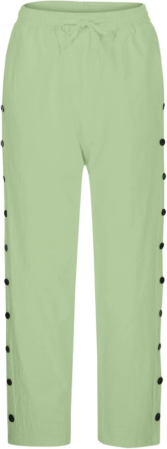 Capri Pants for Womens Side Button Vintage High Waisted Elastic Drawstring Ankle Pants Wide Leg Casual Comfy Trousers