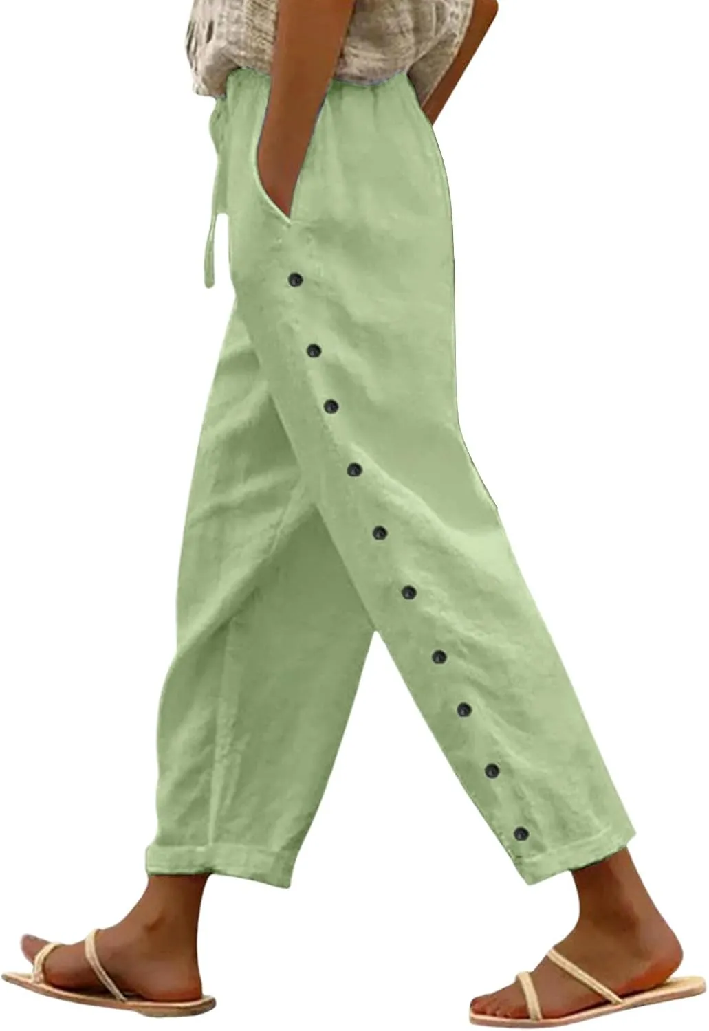 Capri Pants for Womens Side Button Vintage High Waisted Elastic Drawstring Ankle Pants Wide Leg Casual Comfy Trousers