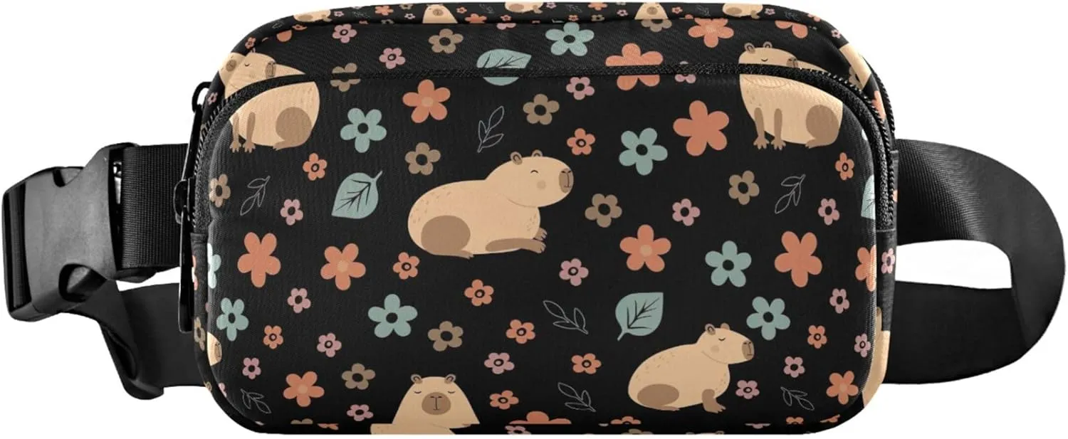Capybara Flowers Black Waterproof Fanny Packs for Women Anti Theft Belt Bag Trendy Travel Waist Bag