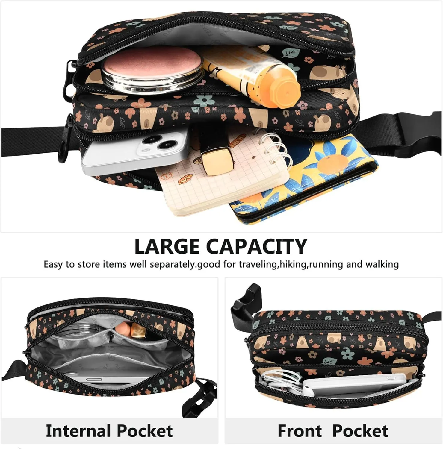 Capybara Flowers Black Waterproof Fanny Packs for Women Anti Theft Belt Bag Trendy Travel Waist Bag
