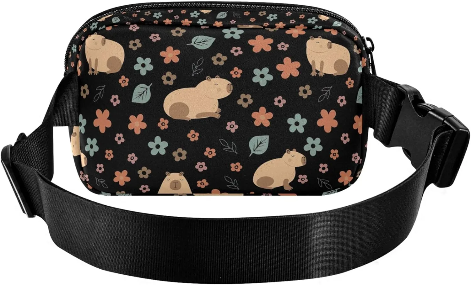 Capybara Flowers Black Waterproof Fanny Packs for Women Anti Theft Belt Bag Trendy Travel Waist Bag