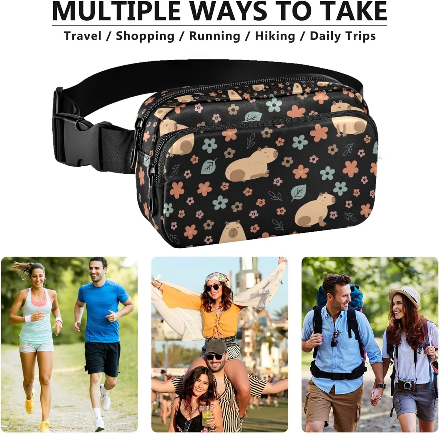 Capybara Flowers Black Waterproof Fanny Packs for Women Anti Theft Belt Bag Trendy Travel Waist Bag
