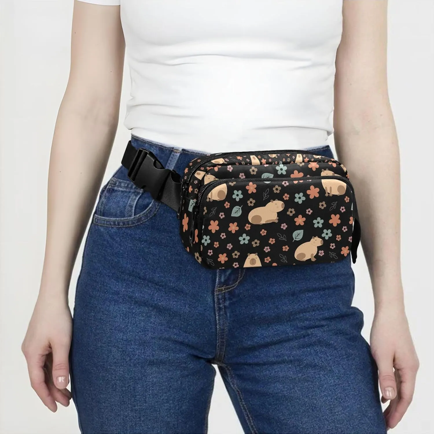 Capybara Flowers Black Waterproof Fanny Packs for Women Anti Theft Belt Bag Trendy Travel Waist Bag