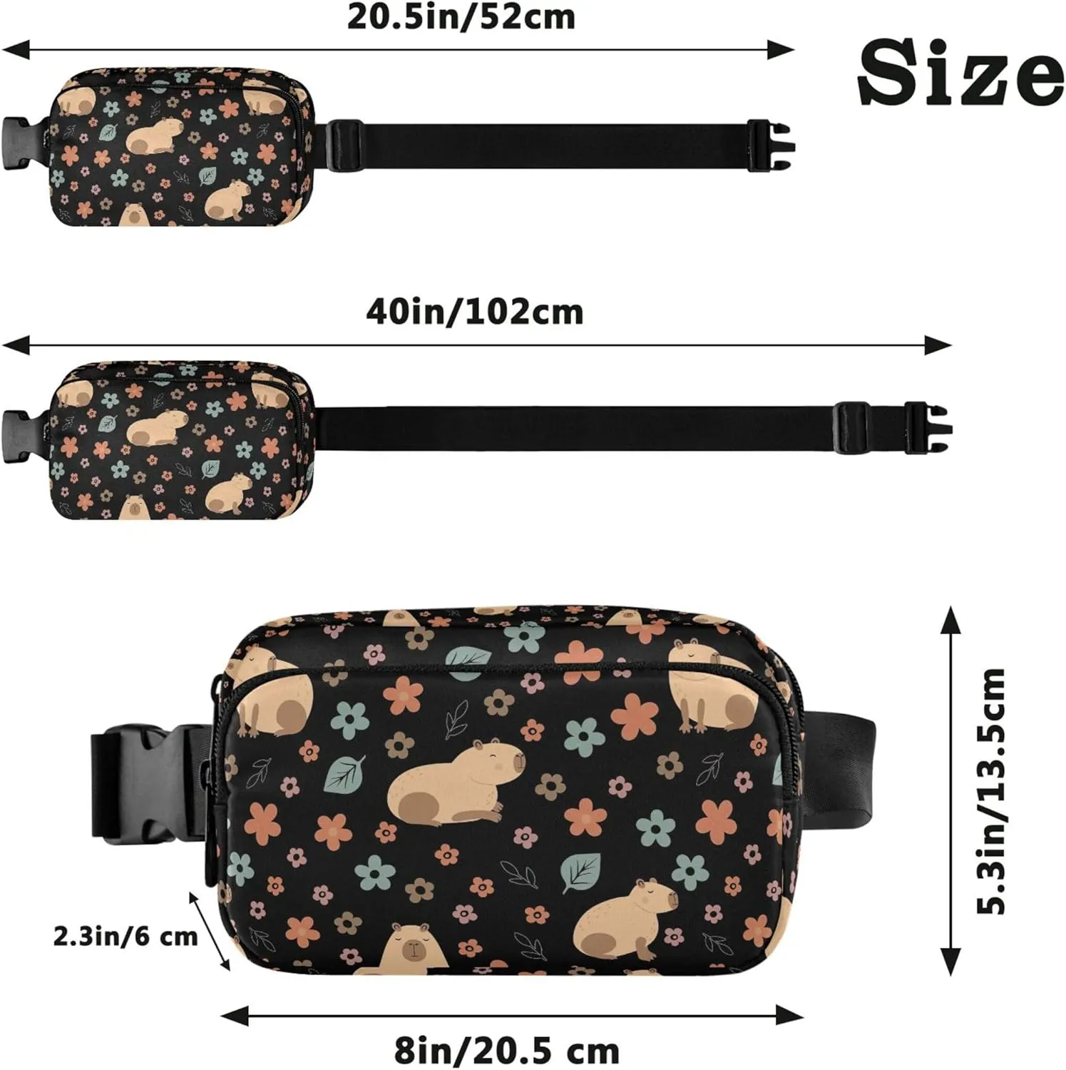 Capybara Flowers Black Waterproof Fanny Packs for Women Anti Theft Belt Bag Trendy Travel Waist Bag
