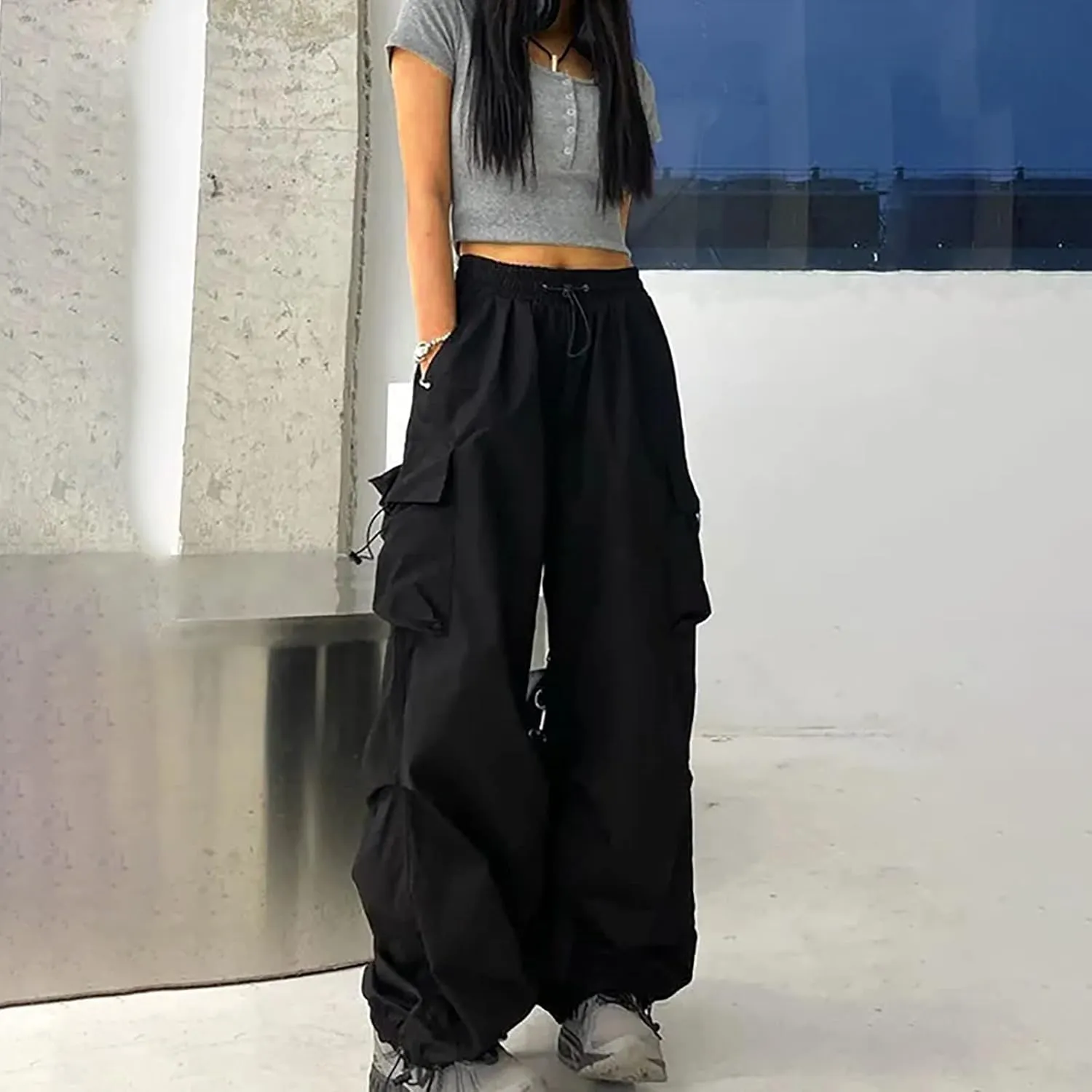 Cargo Pants Women Casual Pants Elastic High Waist Trendy Loose Fit Trouser Pocket Baggy Hiking Y2K Streetwear Clothes