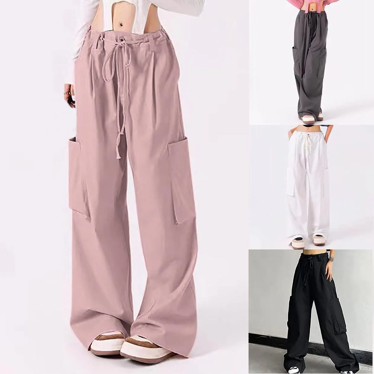 Cargo Pants Women Casual Pants Elastic High Waist Trendy Loose Fit Trouser Pocket Baggy Hiking Y2K Streetwear Clothes