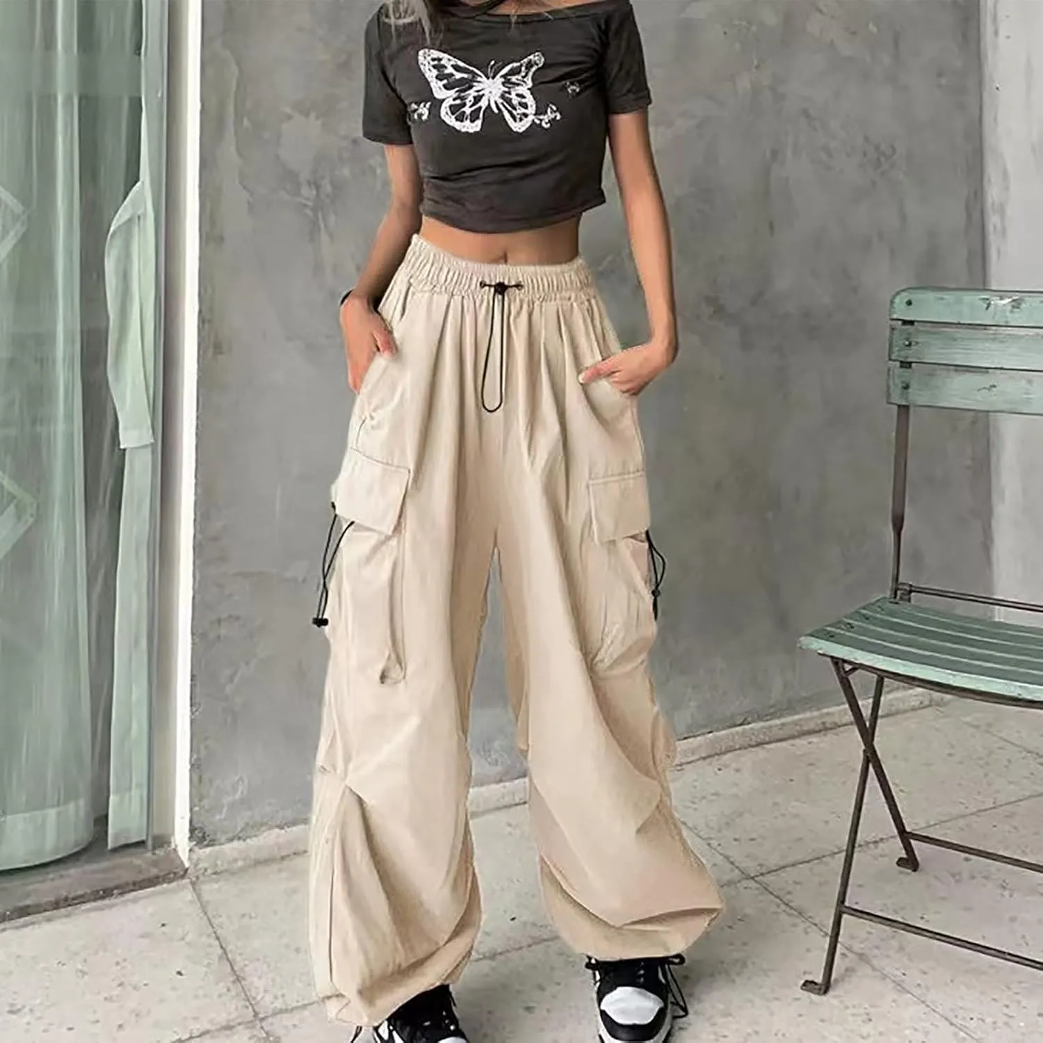 Cargo Pants Women Casual Pants Elastic High Waist Trendy Loose Fit Trouser Pocket Baggy Hiking Y2K Streetwear Clothes