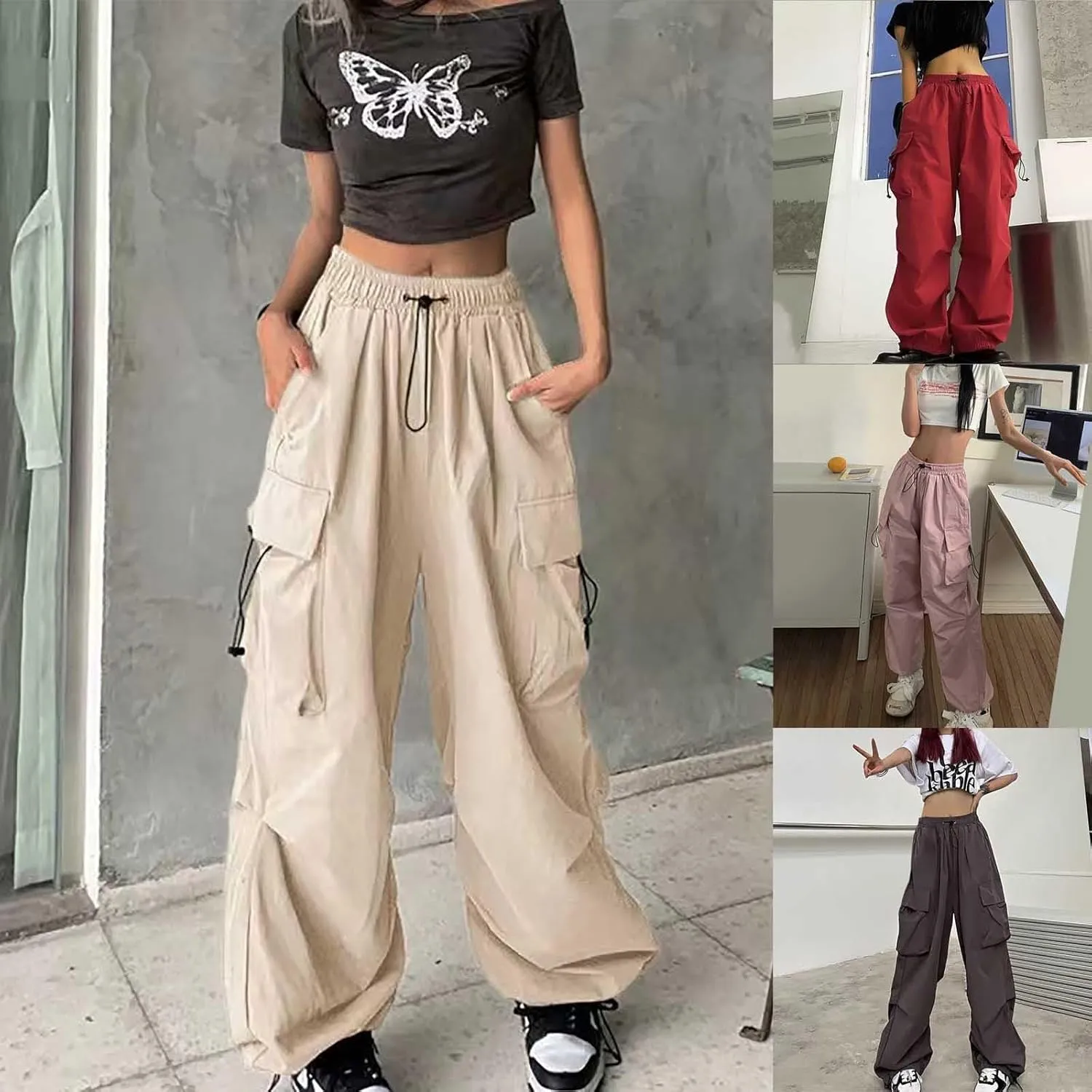 Cargo Pants Women Casual Pants Elastic High Waist Trendy Loose Fit Trouser Pocket Baggy Hiking Y2K Streetwear Clothes