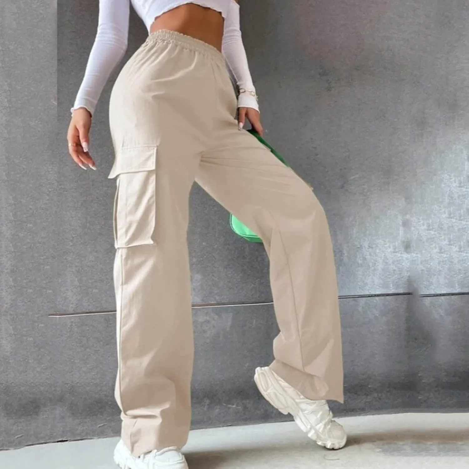 Cargo Pants Women High Waisted with Pockets Ladies Elastic Wasit Straight Wide Leg Pant Trendy Baggy Trousers