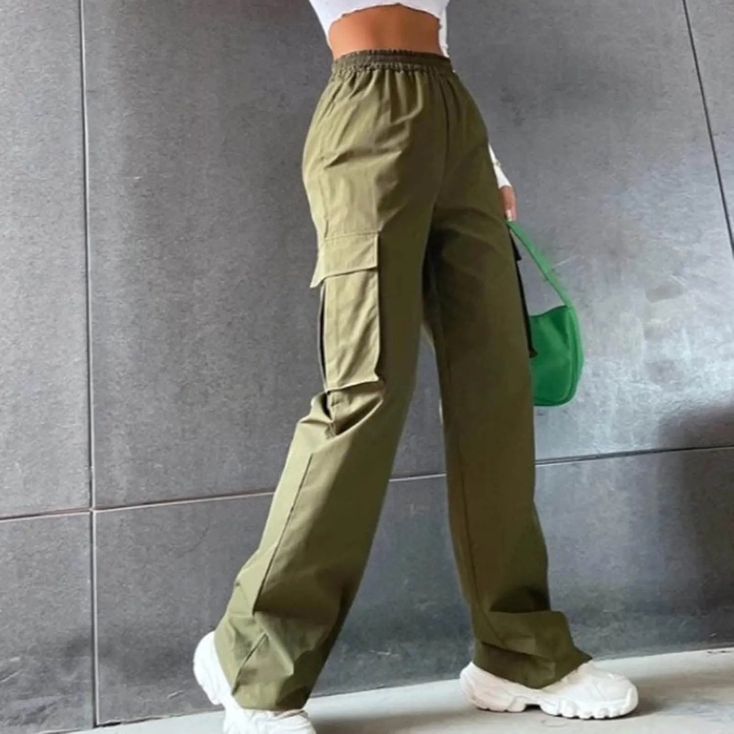 Cargo Pants Women High Waisted with Pockets Ladies Elastic Wasit Straight Wide Leg Pant Trendy Baggy Trousers