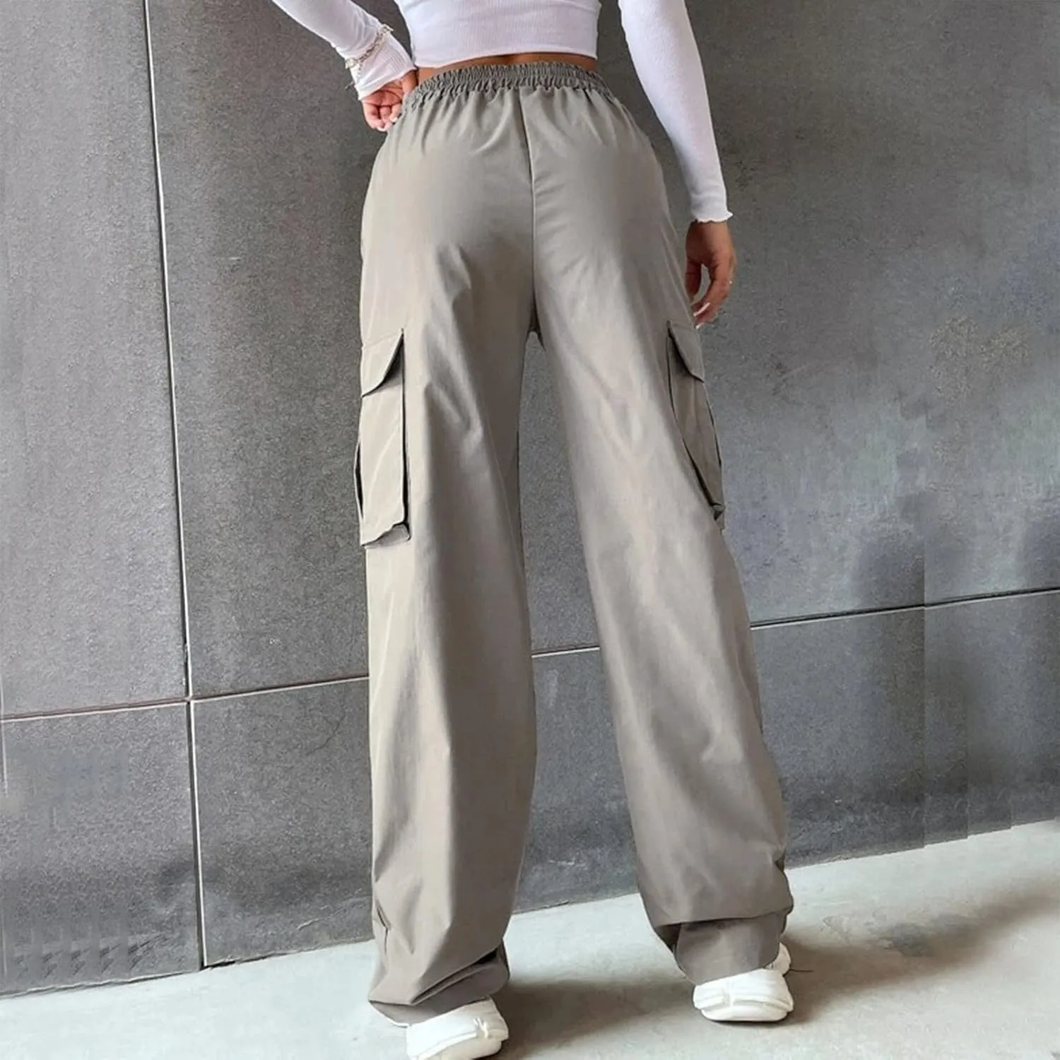 Cargo Pants Women High Waisted with Pockets Ladies Elastic Wasit Straight Wide Leg Pant Trendy Baggy Trousers
