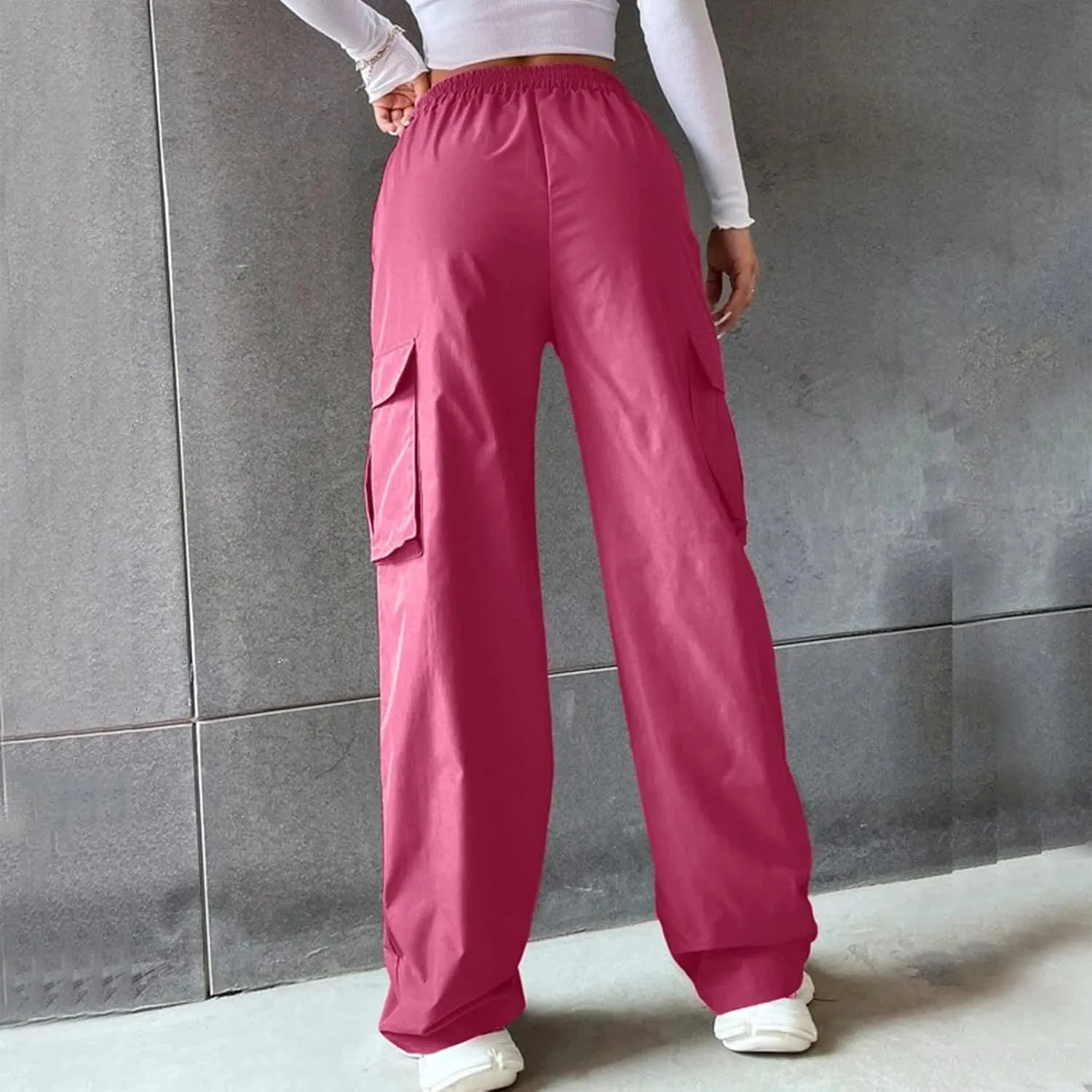 Cargo Pants Women High Waisted with Pockets Ladies Elastic Wasit Straight Wide Leg Pant Trendy Baggy Trousers