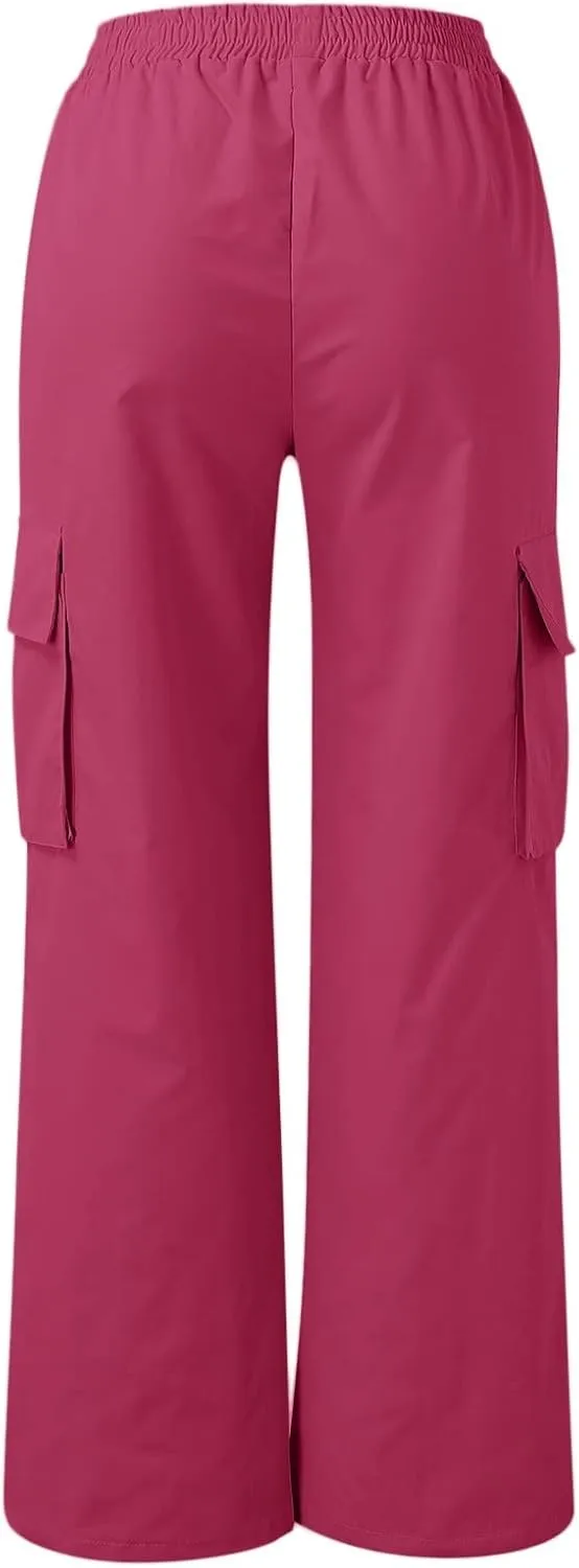 Cargo Pants Women High Waisted with Pockets Ladies Elastic Wasit Straight Wide Leg Pant Trendy Baggy Trousers