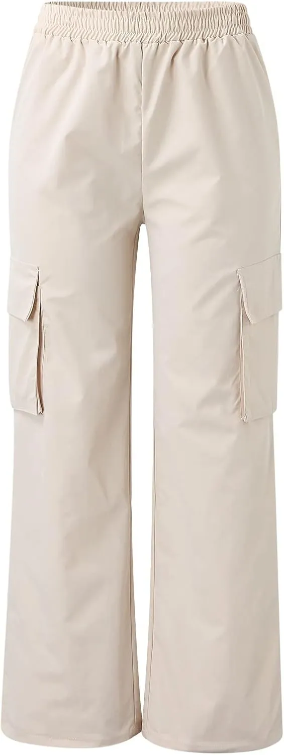 Cargo Pants Women High Waisted with Pockets Ladies Elastic Wasit Straight Wide Leg Pant Trendy Baggy Trousers