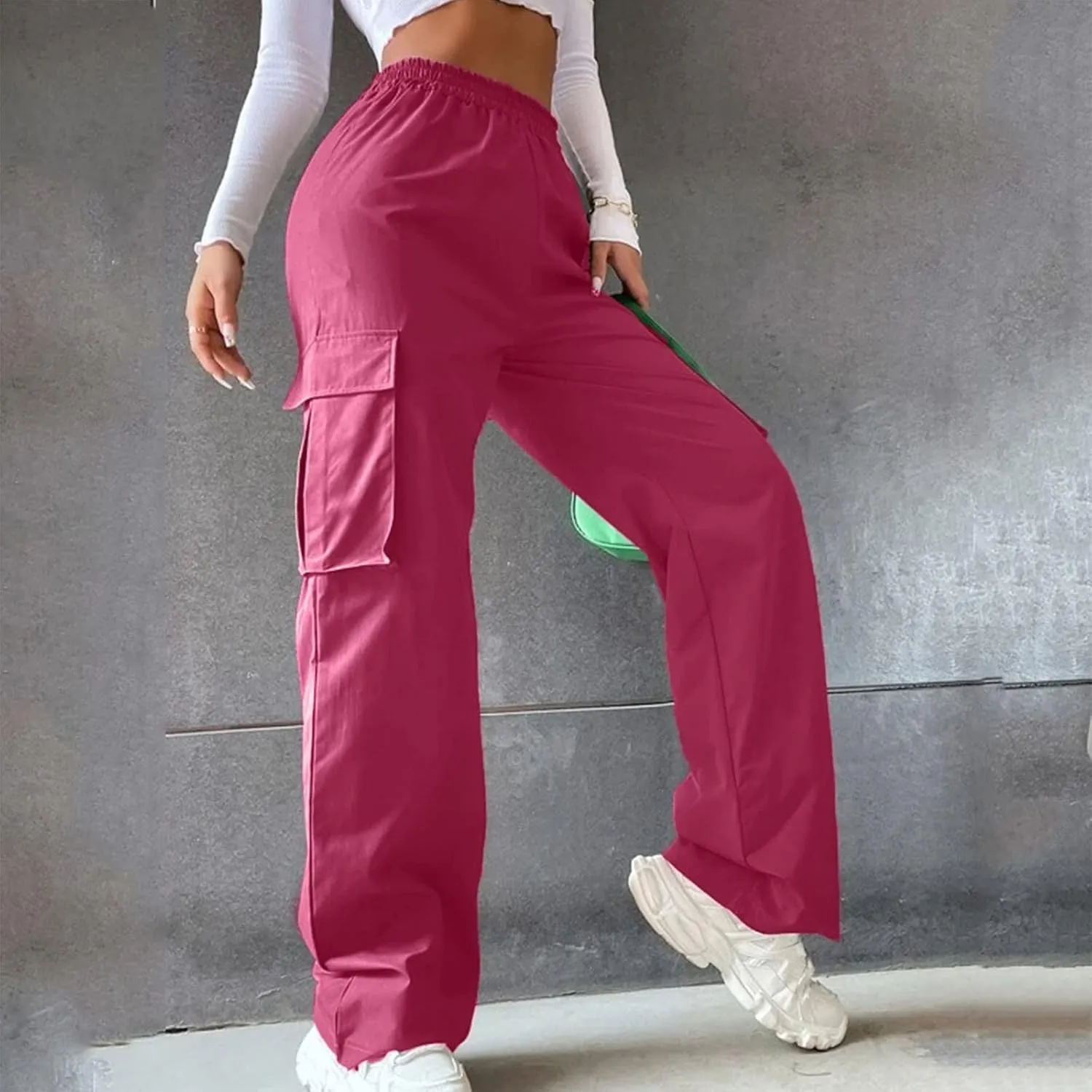 Cargo Pants Women High Waisted with Pockets Ladies Elastic Wasit Straight Wide Leg Pant Trendy Baggy Trousers
