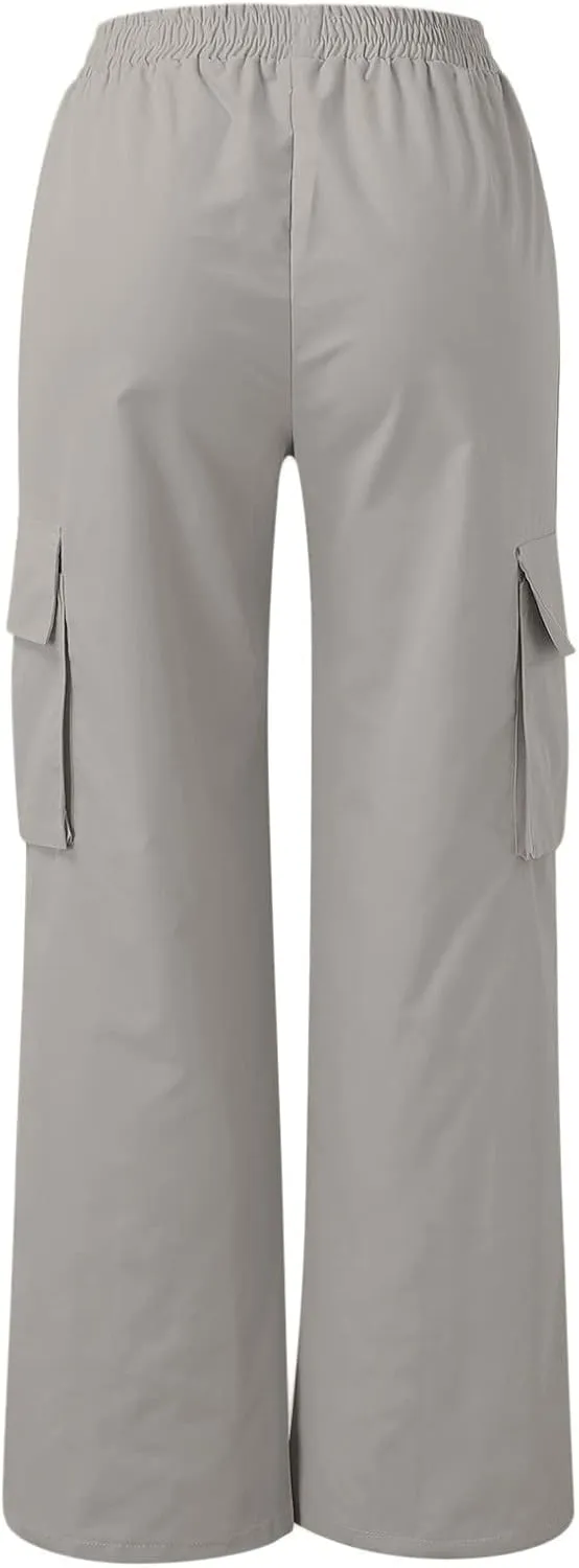 Cargo Pants Women High Waisted with Pockets Ladies Elastic Wasit Straight Wide Leg Pant Trendy Baggy Trousers