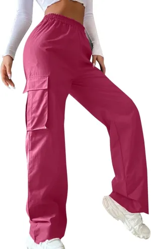 Cargo Pants Women High Waisted with Pockets Ladies Elastic Wasit Straight Wide Leg Pant Trendy Baggy Trousers