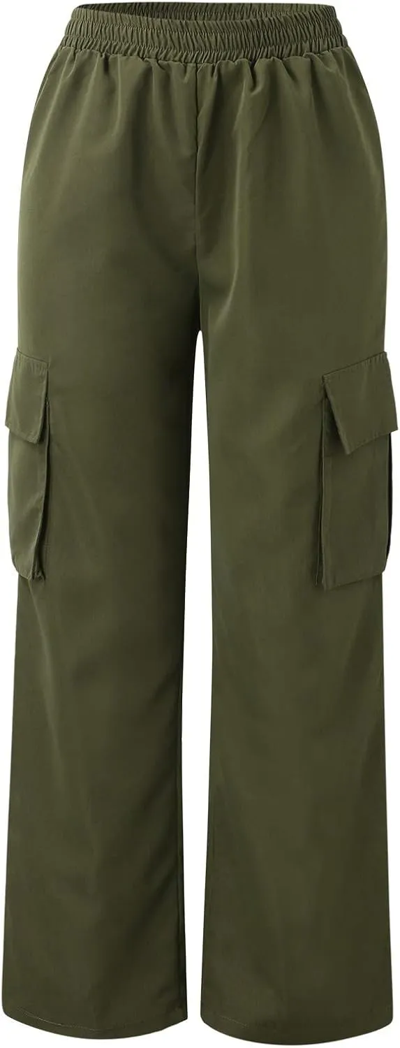 Cargo Pants Women High Waisted with Pockets Ladies Elastic Wasit Straight Wide Leg Pant Trendy Baggy Trousers