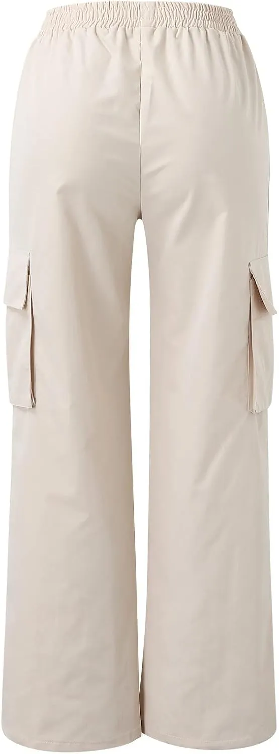 Cargo Pants Women High Waisted with Pockets Ladies Elastic Wasit Straight Wide Leg Pant Trendy Baggy Trousers