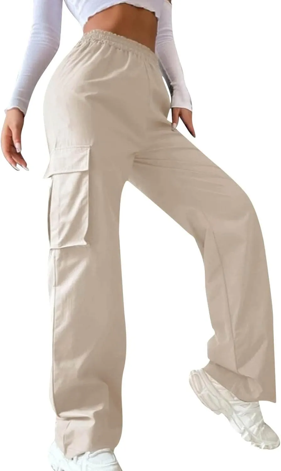 Cargo Pants Women High Waisted with Pockets Ladies Elastic Wasit Straight Wide Leg Pant Trendy Baggy Trousers