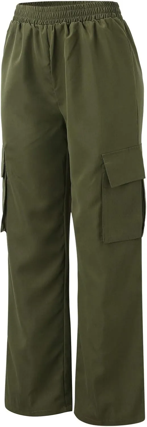 Cargo Pants Women High Waisted with Pockets Ladies Elastic Wasit Straight Wide Leg Pant Trendy Baggy Trousers