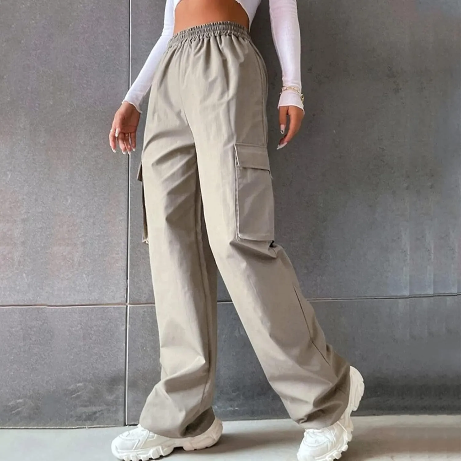 Cargo Pants Women High Waisted with Pockets Ladies Elastic Wasit Straight Wide Leg Pant Trendy Baggy Trousers