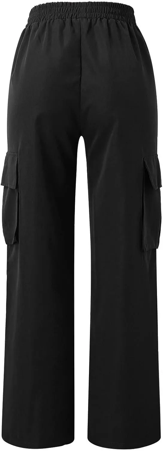 Cargo Pants Women High Waisted with Pockets Ladies Elastic Wasit Straight Wide Leg Pant Trendy Baggy Trousers