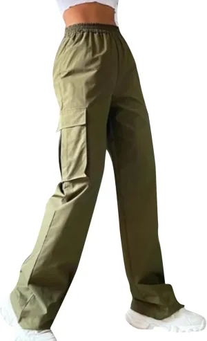 Cargo Pants Women High Waisted with Pockets Ladies Elastic Wasit Straight Wide Leg Pant Trendy Baggy Trousers