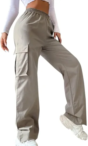 Cargo Pants Women High Waisted with Pockets Ladies Elastic Wasit Straight Wide Leg Pant Trendy Baggy Trousers