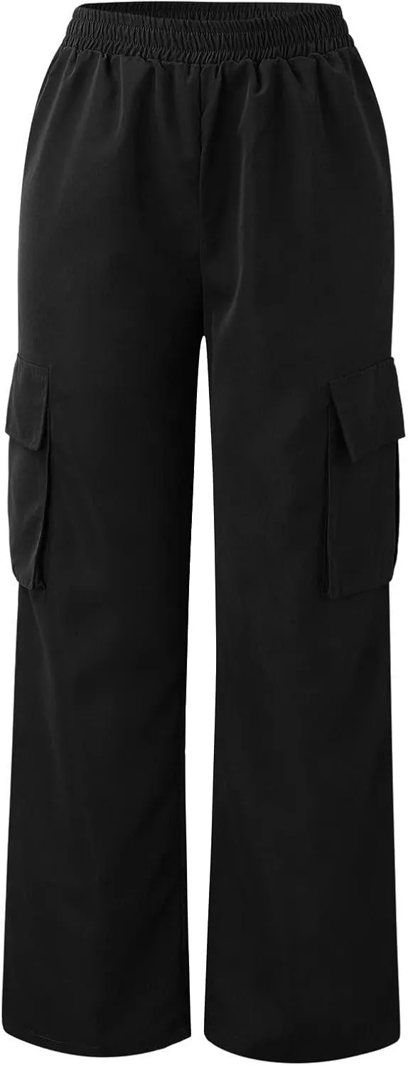 Cargo Pants Women High Waisted with Pockets Ladies Elastic Wasit Straight Wide Leg Pant Trendy Baggy Trousers