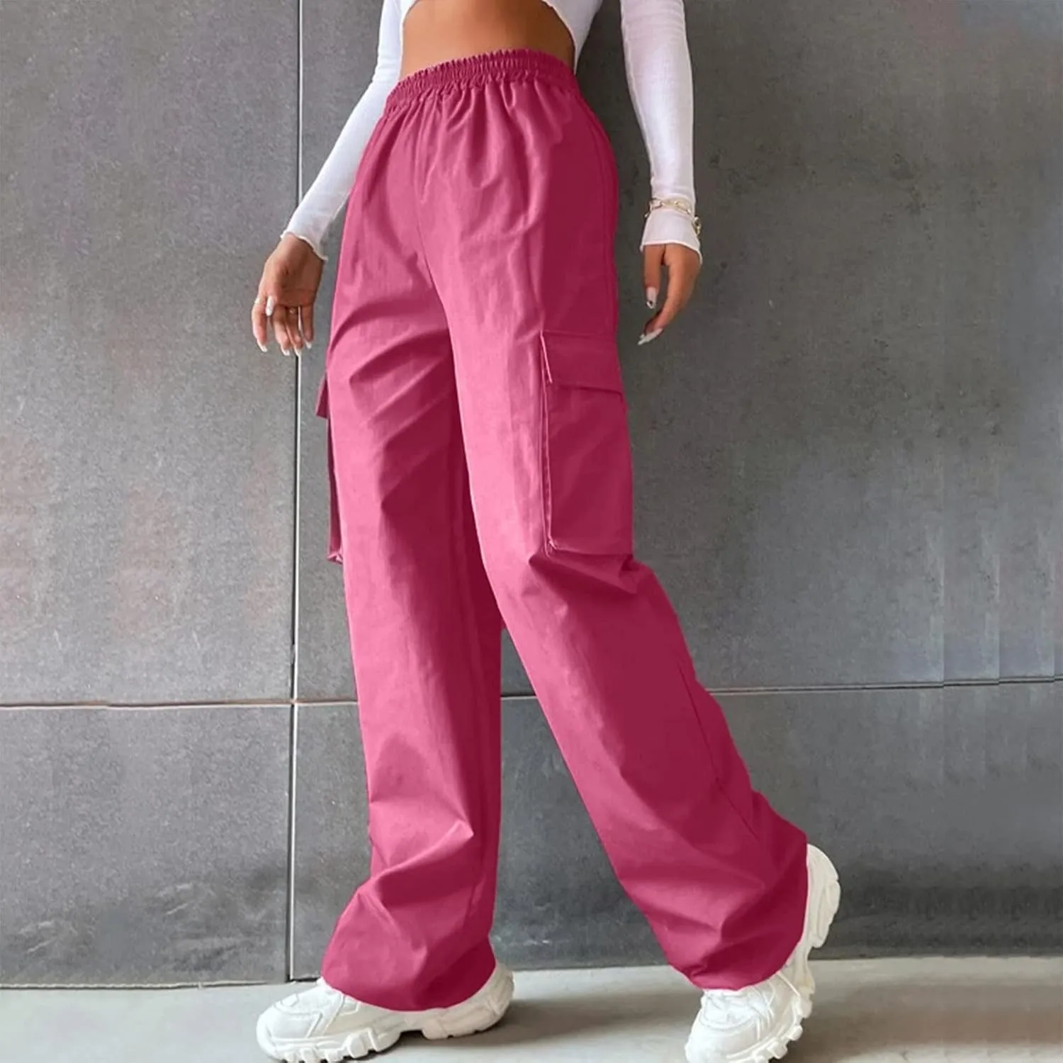 Cargo Pants Women High Waisted with Pockets Ladies Elastic Wasit Straight Wide Leg Pant Trendy Baggy Trousers