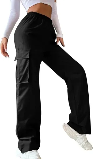 Cargo Pants Women High Waisted with Pockets Ladies Elastic Wasit Straight Wide Leg Pant Trendy Baggy Trousers