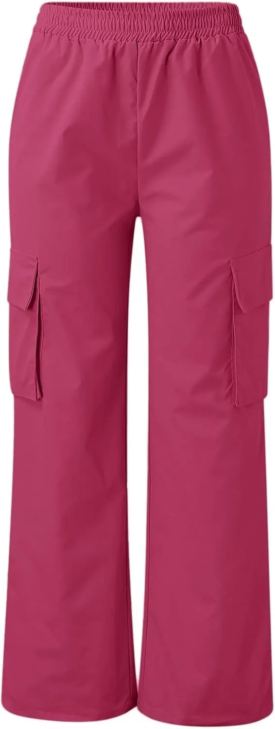 Cargo Pants Women High Waisted with Pockets Ladies Elastic Wasit Straight Wide Leg Pant Trendy Baggy Trousers