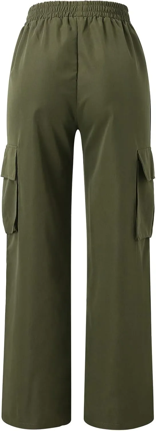 Cargo Pants Women High Waisted with Pockets Ladies Elastic Wasit Straight Wide Leg Pant Trendy Baggy Trousers